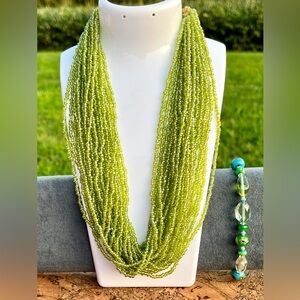 Multistrand Glass Beaded Neckpiece Lime Peridot & Art Glass Stretch Bracelet Set
